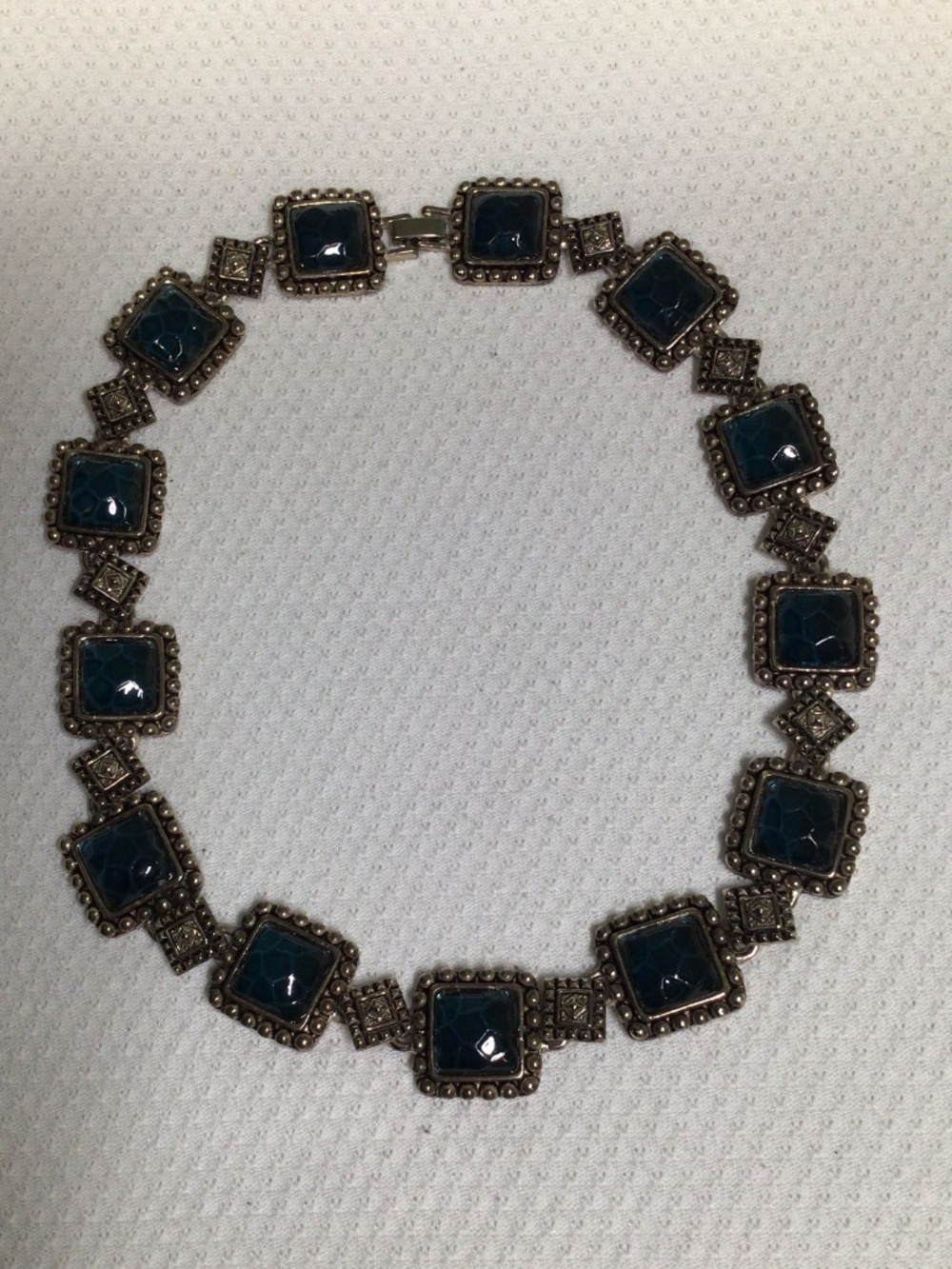 Silver Tone Square Link Dark Blue Stone Necklace